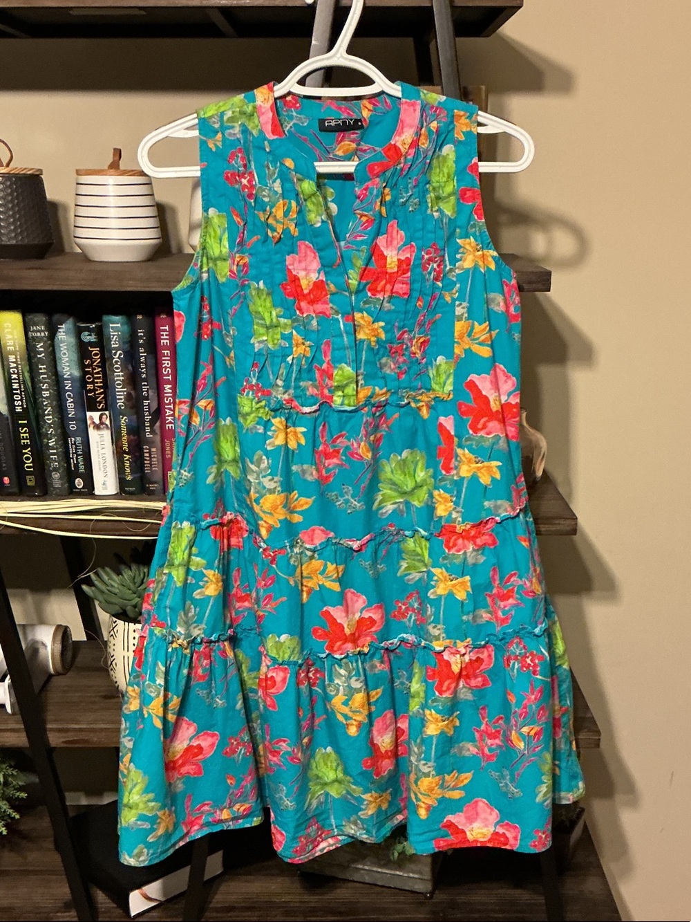 APNY Print Pintuck Sleeveless Cotton Babydoll Dress In Green Multi Size S